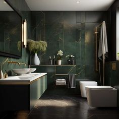 a modern bathroom with black marble walls and flooring is pictured in this image, there are two toilets on either side of the shower