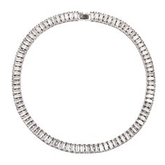 The FALLON Baguette Swag Collar Necklace.  Rhodium-plated brass, cubic zirconia stones. Baguette Hoop Earrings, Baguette Necklace, Statement Collar, Statement Collar Necklace, Baguette Cut, Collar Necklace, Watch Strap, Rhodium Plated, Ear Piercings