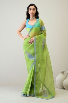 Vibrant green saree with zari embroidery and contrast patchwork in paisley butta motifs. Comes with an unstitched blouse piece. - Aza Fashions Green Art Silk Pre-draped Saree With Embroidered Border, Designer Green Pre-draped Saree With Embroidered Border, Green Embroidered Pre-draped Saree, Green Resham Embroidered Cotton Silk Blouse Piece, Transitional Green Saree With Resham Embroidery, Transitional Season Green Saree With Resham Embroidery, Green Pre-draped Saree With Resham Embroidery For Diwali, Green Pre-draped Saree With Resham Embroidery, Green Chanderi Pre-draped Saree For Festivals