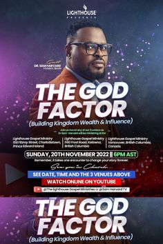 a poster for the god factor show with an image of a man in glasses on it