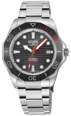 Gevril 49100 Men's Pier 90 Swiss Automatic Watch  Gevril Men's Swiss Automatic Watch from the Pier 90 Collection  42mm Hexagon 316L Stainless Steel Case, IP Black Ceramic Bezel, Black Dial  Unidirectional Rotating bezel, Date at 3 o'clock  Screw Down Crown, Luminous hands and markers  316L Stainless Steel Satin and Polished Bracelet with Deployment Buckle  Anti-reflective Sapphire Crystal  Water Resistant to 200 Meters/20 ATM  Sellita SW200, Swiss Automatic Movement Luxury Men's Watches With Rotating Bezel, Swiss Automatic Watches, Crystal Water, Watch Luxury, Black Ceramic, Automatic Watch, Sapphire Crystal, Casual Bags, Luxury Watches