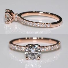 two different views of an engagement ring with a diamond in the middle and on the side