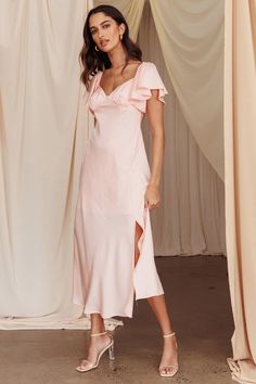 Shop the Park Avenue Flutter Sleeve Side Split Midi Dress Blush | Selfie Leslie Pink Dress Shoes, Selfie Leslie, Side Dress, Brunch Dress, Easter Dress, Basic Dress, Park Avenue, Side Split, Flutter Sleeves