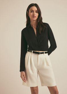 Long story short. We took the best-selling Low Favorite Pant—with front pockets, inverted front pleats and mid-rise waist--and recreated the tailored beauties as Bermuda-length shorts. Crafted from our signature, mid-weight stretch blend-suiting fabric with a delicate twill pattern finish, The Low Favorite Short has a relaxed fit for a chic, work-to-weekend look.74% Polyester, 20% Rayon, 6% Elastane Suiting Twill Gaby is 5'9" wearing size 2. Twill Pattern, Classy Skirts, Classic Skirts, Long Story Short, Suiting Fabric, Bermuda Short, Long Story, Favorite Daughter, The Low