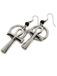 Goth Earrings - Ankh and Ring – JunkyardBat Punk Style Metal Cross Jewelry, Metal Symbolic Hypoallergenic Earrings, Black Ankh Metal Jewelry, Symbolic Hypoallergenic Metal Jewelry, Gothic Surgical Steel Pierced Jewelry, Spiritual Ankh Shaped Metal Jewelry, Cross-shaped Stainless Steel Earrings For Pierced Ears, Symbolic Stainless Steel Cross Jewelry, Gothic Ankh Jewelry For Gift