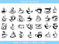 coffee cups and saucers in black on a white background with the text instant download