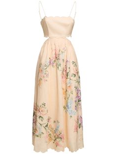 Fixed straps. Back lace-up and zip closure. Scalloped trim. All over print placement may vary. Model is wearing a size0 Versace Brand, Yellow Midi Dress, Linen Midi Dress, Linen Maxi Dress, Scalloped Trim, Dress Home, Pink Midi Dress, Print Placement, Scalloped Edges