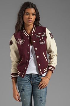 Women's True Religion Richie Varsity Jacket in Plum; Size Small. Description: * Shell: 80% wool, 20% polyamide.  * Sleeves: 100% cow leather.  * Lining: 100% poly.  * Button front closure.  * Side double welt pockets.  * Rib knit edges.  * Contrast color blocking.  * Leather sleeves and pocket trim.  * Embroidered logo and patches.  * Dry clean only.  SIZE and FIT: Modeled in size S. Model Measurements: Height 5'11", Waist 25", Bust 32, Hips 35". *** Approximate Measurements: Length (from mid co Sheepskin Coat Mens, Mens Leather Blazer, Leather Trench Coat Woman, Mens Leather Shirt, Suede Jacket Men, Senior Jackets, Letter Jacket, Leather Shorts Women, Women Leather Vest