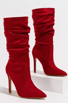 Heel height: 10.5cm Shaft height: 35cm Faux suede upper Mid-calf length Ruched detailing Pull-on fit Pointed toe Stiletto heel Fitted Mid-calf Heeled Boots For Party, Winter Party Mid-calf Boots With High Shaft, Party Mid-calf Heeled Boots, Fitted Mid-calf Party Boots, Fitted Mid-calf Boots For Party, Party Mid-calf Boots, Fitted Knee-high Boots, Fitted Solid Color Knee-high Boots, Red Mid-calf Boots For Winter Party