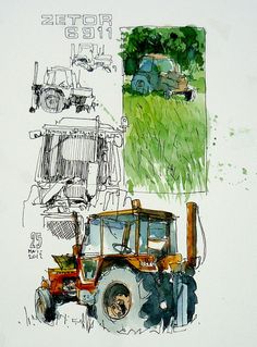 a drawing of a tractor and farm equipment