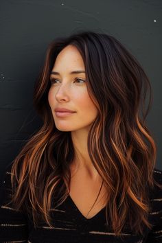 Copper Hair Streaks, Copper Balayage With Bangs, Brunette Balayage Hair Copper, Butterfly Layer Haircut, Copper Streaks, California Brunette Hair, California Brunette, Brunette Hair Ideas, Copper Balayage Brunette