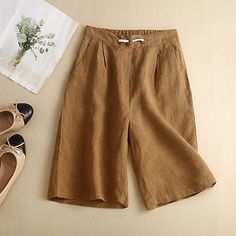 Season:Summer; Fabric:Linen; Gender:Women's; Style:Casual Daily; Elasticity:Inelastic; Occasion:Weekend; Fit Type:Regular Fit; Function:Breathability,Comfortable; Pattern:Plain; Design:Drawstring,Side Pockets; Pants Type:Shorts; Front page:FF; Listing Date:06/14/2024; Production mode:External procurement; Hips:; Length:; Waist:; Fit US Size:; Fit UK Size:; Fit EU Size:; Pants Length:Short; Print Type:non-printing Non-stretch Casual Beach Shorts, Casual Non-stretch Beach Shorts, Trendy Solid Color Summer Shorts, Relaxed Fit Solid Color Shorts For Summer, Casual Non-stretch Vacation Shorts, Casual Non-stretch Shorts For Vacation, Summer Bermuda Bottoms In Solid Color, Solid Color Bermuda Bottoms For Summer, Casual Non-stretch Knee-length Shorts