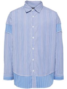 blue/white cotton vertical stripe pattern panelled design classic collar front button fastening long sleeves buttoned cuffs curved hem Blue Collared Shirt With Vertical Stripes, Blue Vertical Stripes Button-up Shirt, Blue Long Sleeve Shirt With Contrast Stripes, Blue Shirt With Striped Collar For Daywear, Blue Cotton Shirt With Contrast Stripes, Spring Shirt With Contrast Stripes, Blue Shirt With Contrast Stripes For Summer, Spring Workwear Shirt With Contrast Stripes, Blue Long Sleeve Shirt With Striped Collar