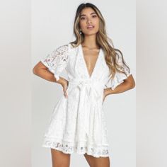 Never Worn- Do You Miss Me Dress In White Lace Aus Size: 10 (M) White V-neck Lace Dress For Date Night, Lace Mini Dress With Short Sleeves For Day Out, Short Sleeve Lace Mini Dress For Day Out, Casual White Mini Lace Dress, Casual White Mini Length Lace Dress, White Lace Mini Dress For Day Out, White V-neck Lace Dress For Brunch, Casual White Lace Dress For Brunch, Casual White Lace Brunch Dress