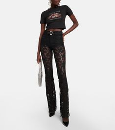 Lace Flare Pants For Party, Lace Flare Bottoms For Party, Flare Lace Bottoms For Party, Elegant Lace Pants For Night Out, Chic Lace Pants For Party, Evening Pants With Lace Trim, Chic Lace Evening Pants, Chic Lace Pants For Evening, Fitted Lace Trim Bottoms For Evening