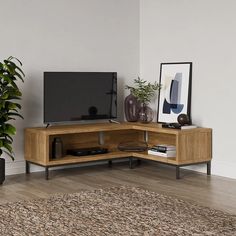 a living room with a large tv on top of a wooden entertainment center next to a potted plant