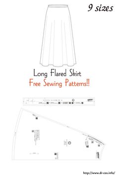 the front and back view of a skirt sewing pattern, with text that reads long flared skirt free sewing patterns