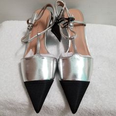 New With Tag. Eur 37/40 Us 6.5/9 Silver Synthetic Leather Uppers .Black Gros-Grain Fabric Pointed Toes. T-Strap Style. Dual Slingback Straps With Side Buckle Closure. Black Acrylic Extended Heels. Nude Insoles And Lining. Black Rubber Soles Heel 2.1" Zara Silver High Heels, Zara Silver Heels For Night Out, Zara Silver Heels For Party, Chic Silver Zara Heels, Zara Silver Party Heels, Metallic Silver Pointed Toe Heels For Spring, Zara Shoes, Black Acrylics, T Strap