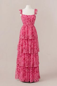 Poppy Chiffon Floral Print Dress Garden Party Wedding Dresses, Pink Bridesmaids Dresses Mismatched, Floral Gown Designs, Pink Floral Long Dress, Senior Dresses, Pink Floral Gown, Garden Party Dresses, Garden Party Wedding Guest, Floral Prom Dress