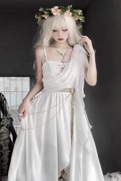 White Cosplay Dress, Short Greek Inspired Dress, Flowing White Dress, Short Toga Dress, Greek Inspired Dresses, White Dress Fantasy Art, White Dress Reference, White Goddess Outfit, Flowy Dress Reference