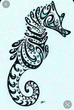 a drawing of a seahorse with swirls and dots on it's tail