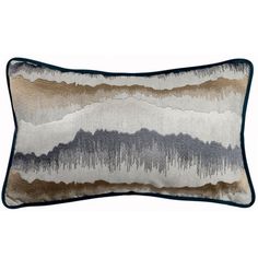 a rectangular pillow with an abstract design on the front and back, in grey and gold tones