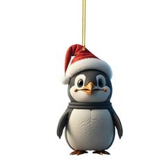 a penguin ornament with a santa hat hanging from it's side on a white background