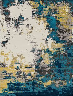 an abstract rug with blue, yellow and white colors