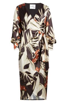 Voluminous sleeves frame this midi wrap dress that's made from lustrous satin patterned in a bold, autumnal-hued floral print that's making us swoon. 39" - 48" length (size 8) True wrap style with side tie closure Surplice V-neck Long sleeves with button cuffs Lined 100% polyester Dry clean Imported Wrap Dress Outfit, Satin Wrap Dress, Voluminous Sleeves, Diy Fashion Clothing, Midi Wrap Dress, Black Wrap Dress, Nordstrom Dresses, Fall Dresses, Up Styles