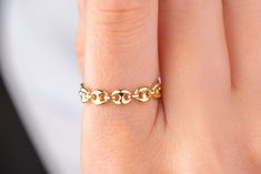 Our coffee bean ring is made of 14k solid gold and it is a minimalist and dainty ring that can accompany you on a day. Thanks to its style, you can combine it with different rings. When you think of it as a gift for your loved ones, it will be a great gift choice. Our gold link chain ring makes happy your loved ones on their birthdays, graduations, anniversaries, mother's day, or valentine's day.  If you wish you can buy it with the coffee bean chain bracelet as a set. https://www.etsy.com/listi Ring Layering, Layered Rings, Gold Link Chain, Solid Gold Ring, Gold Link, Make Happy, Solid Gold Rings, Coffee Bean, Dainty Ring