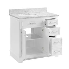 a white bathroom vanity with marble top and drawers on the bottom shelf, in front of a white background