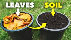 two black trash cans with leaves and soil in them on the grass next to each other