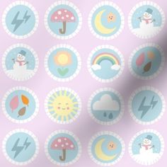 a pink background with various icons and symbols on the back ground, including an umbrella