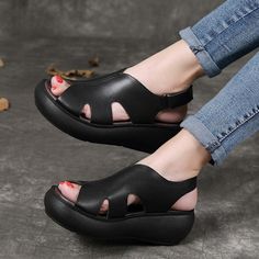 Summer Retro Leather Wedges Women Casual Shoes 2019 May New 34 Black Trendy Black Slingback Sandals For Summer, Comfortable Platform Slingback Sandals With Round Toe, Slip-on Round Toe Sandals For Beach, Casual Round Toe Platform Sandals, Casual Open Toe Platform Wedge Sandals, Casual Platform Slingback Closed Toe Sandals, Black Leather Wedge Sandals For Summer, Comfortable Platform Sandals With Round Toe, Black Open Toe Slingback Sandals For Spring