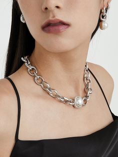 Gem Clasp Pearl Necklace – THEYKNOW Silver Pearl Necklace With Chain, Metal Pearl Charm Necklace, Metal Pearl Drop Necklace, Modern Silver Pearl Chain Necklace, Modern Silver Pearl Necklace With Charm, Round Pearl Chain Jewelry, Ship Craft, Crafts From Recycled Materials, All Gems