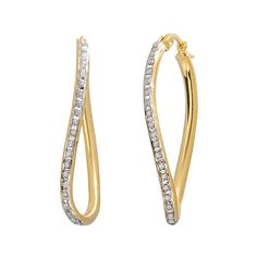 Adorned with a figure 8 design lined with Diamond Mystique stones, a dazzling combination of diamonds and crystallized diamond dust, these hoop earrings make a stunning pair.EARRING DETAILSLength: 1.5 in.Backings: click-itMetal: 18k gold over sterling silverDIAMOND MYSTIQUE DETAILSDiamond equivalent total weight: less than 1/10 ct.Shape: single cutColor grade: H-IClarity: I2Diamond equivalent carat (ct.) Total Weight (T.W.) represents the approximate total weight of diamonds of equivalent appear Diamond White Sparkling Stones Hoop Earrings, Glamorous Diamond Hoop Earrings With Sparkling Stones, Glamorous Diamond Sparkling Hoop Earrings, Glamorous Hoop Earrings With Sparkling Stones For Anniversary, Diamond White Pave Hoop Earrings, Diamond White Hoop Earrings With Pave Setting, Gold Hoop Diamond Earrings With Accents, Hoop Earrings With Pave Setting In Cubic Zirconia, Dazzling Pave Setting Hoop Earrings