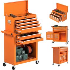 an orange tool box with drawers and wheels