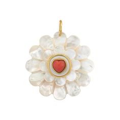 14k gold dipped Zinnia charm featuring stacked mother of pearl flowers with a coral heart center and ivory enamel border. 1.25" wide White Heart-shaped Jewelry With Flower Charm, White Medallion Mother Of Pearl Jewelry, White Mother Of Pearl Medallion Jewelry, White Mother Of Pearl Jewelry With Flower Charm, Sports Lover Gifts, Pearl Flowers, Heart Center, Cashmere Accessories, Sun With Sunglasses