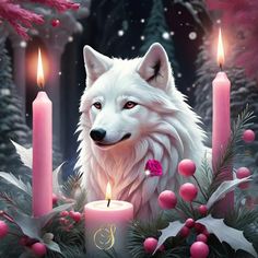 a white wolf surrounded by christmas decorations and candles with pink berries on the table next to it