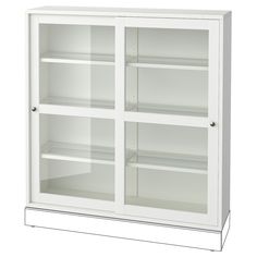 a white bookcase with glass doors on the front and bottom shelves in different sizes