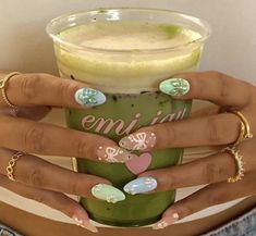 Matcha Acrylics, Matcha Green Nail Design, Matcha Green French Tip Nails, Matcha Tips Nails, Green Tea Nails, Matcha Nails, Emi Jay, Classy Nails, Stay Hydrated