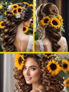 sunflowers are in the hair for this beautiful bride