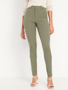 contoured waistband hook-and-bar closure belt loops zip fly front pockets faux-welt back pockets sits at belly button fitted hip and thigh hits below ankle 30" regular inseam 28" petite inseam 34" tall inseam models are approx.  5'9" and wear sizes s (4), l (12), and xl (18)machine wash according to the care instruction label cotton 55% spandex 8% rayon 37% Natural Wardrobe, Makeup Wardrobe, 23 Fashion, Outfit References, Olive Green Pants, Pixie Pants, Pants Green, Aesthetic Fits, Church Outfits