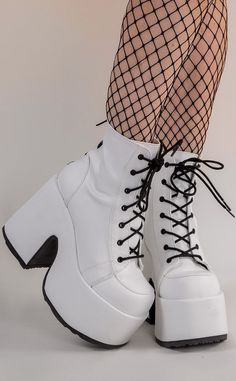 CAMEL-203 White Ankle Boots-Demonia-Tragic Beautiful Punk Festival, Demonia Boots, Demonia Shoes, Platform Boots Chunky, White Ankle Boots, Goth Punk, Chunky Platform, 5 Inch Heels, Creepers