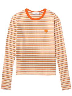 orange stretch-cotton contrasting collar horizontal stripe pattern appliqué detail heart motif long sleeves straight hem Heart Motif, 80s Outfit, Striped Long Sleeve Tee, Striped Sweatshirts, Orange Shirt, Striped Long Sleeve Shirt, Yellow Stripes, Basic Outfits, Jersey Shirt