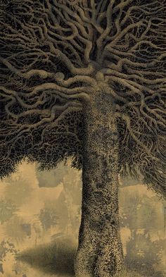 a painting of a tree with many branches on it's trunk and the ground