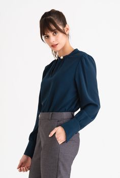 Buvette Pearl Blouse - Navy – Petite Studio Elegant Navy Collared Tops, Classic Navy Collared Top, Luxury Timeless Blouse With Fold-down Collar, Luxury Blue Semi-formal Blouse, Elegant Navy Button-up Tops, Pearl Blouse, High Fashion Clothing, Bold Red Lips, High Fashion Outfits