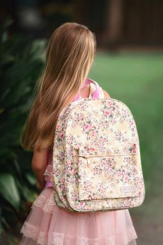 This darling floral print backpack features a front pocket for all of her favorite keepsakes and essentials. Perfect for school, play, sleepovers and more! Includes adjustable straps for the perfect fit. Length 15", Width 12", Depth 4". Floral Print Backpack For School In Spring, Spring Floral Print Standard Backpack, Back To School Backpack With Floral Print, Back To School Floral Print Backpack, Dog Size Chart, Floral Backpack, School Play, Floral Ruffle, Shoe Size Chart