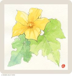 a watercolor drawing of a yellow flower with green leaves on the bottom right side