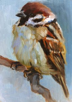 a painting of a bird sitting on a branch